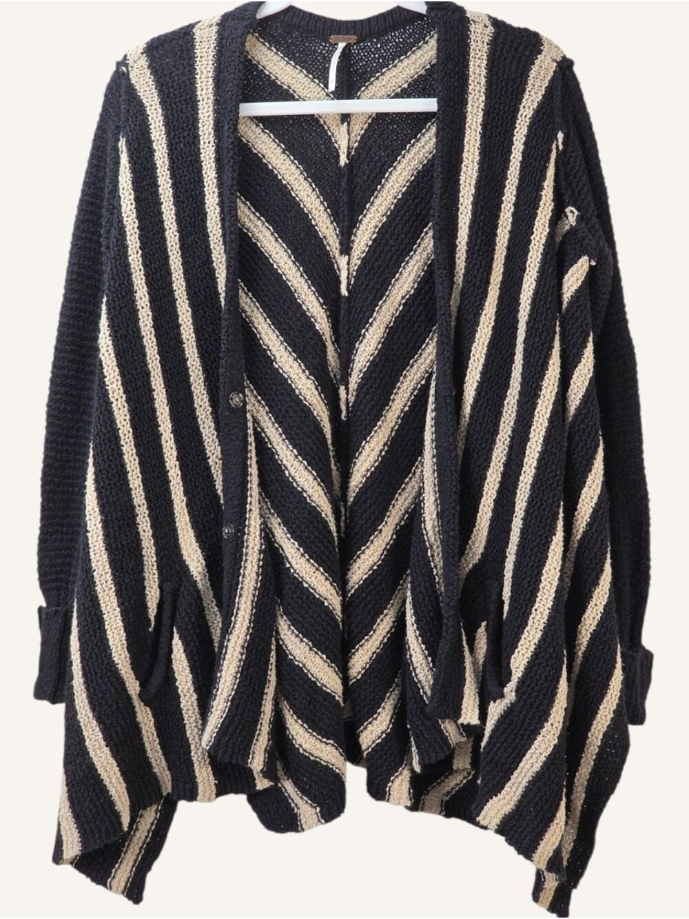 Free People Black Cream Striped Draped Cardigan Pockets Boho Medium
